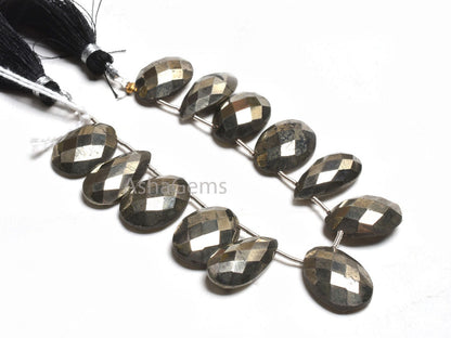 Natural Pyrite Faceted Oval+ Pear Shape Side Drill Beads,10x20-13x18 mm Pyrite Beads, Copper Pyrite Fancy Mix Shape Gemstone Briolette Beads