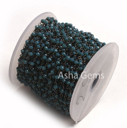 Black Metal Plated Light Neon Blue Apatite Hydro Beaded Rosary Chain 3,10,25,50 Feet Faceted Rondelle Chain 3-3.5 mm Finding Jewelry Chain