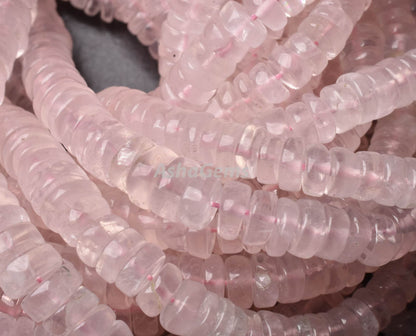 Natural Rose Quartz Smooth Heishi Tyre Gemstone Beads, Pink Rose Quartz, AAA Rose Quartz Bead Heishi Tyre Center Drill Rose Pink Wheel Beads
