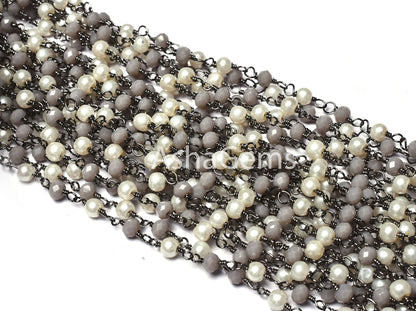 Fine White Pearl, Grey moonstone Hydro Beads Rosary Chain, Multi Color Rondelle Beaded Chain Black Plated Wire Wrap Gunmetal Chains Jewelry