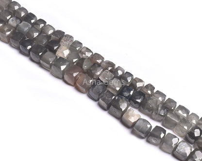 Natural Grey Moonstone Faceted 3D Cube Box Shape Gemstone Beads,10" Strand Moonstone Cube Beads, Grey Moonstone Beads Jewelry Making Crafts