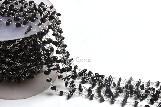 1,3,5,25 Foot, Natural Black Tourmaline uncut Chip Beads Rosary Chain Silver Plated wire Bulk Roll Tourmaline Beaded Rosary Chain For Crafts