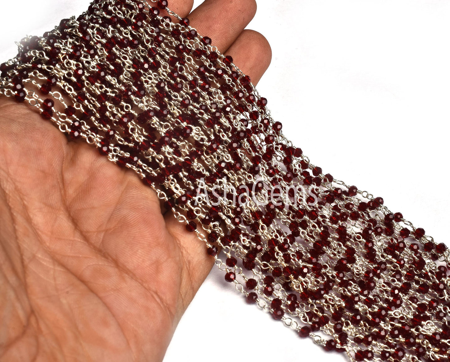 SALE 3,5,10,25 Feet Red Stone Hydro Faceted Rondelle Beaded Rosary Chain Silver Plated Wire,Red Stone Jewelry Making Finding, Chain 3mm