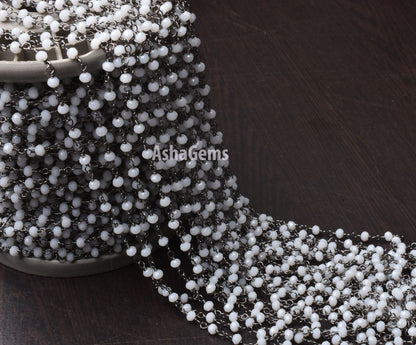 Beautiful White Agate Hydro Rondelle Faceted Beads Rosary Chain,3 mm Gun Metal Plated Black Wire Wrap Jewelry making Necklace Handmade Chain