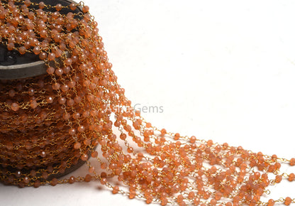 4 mm AAA Peach Moonstone Hydro Faceted Rondelle Beads Rosary Chain, Gold Plated Wire Wrap micro cut Beaded Handmade Chain Jewelry Craft SALE