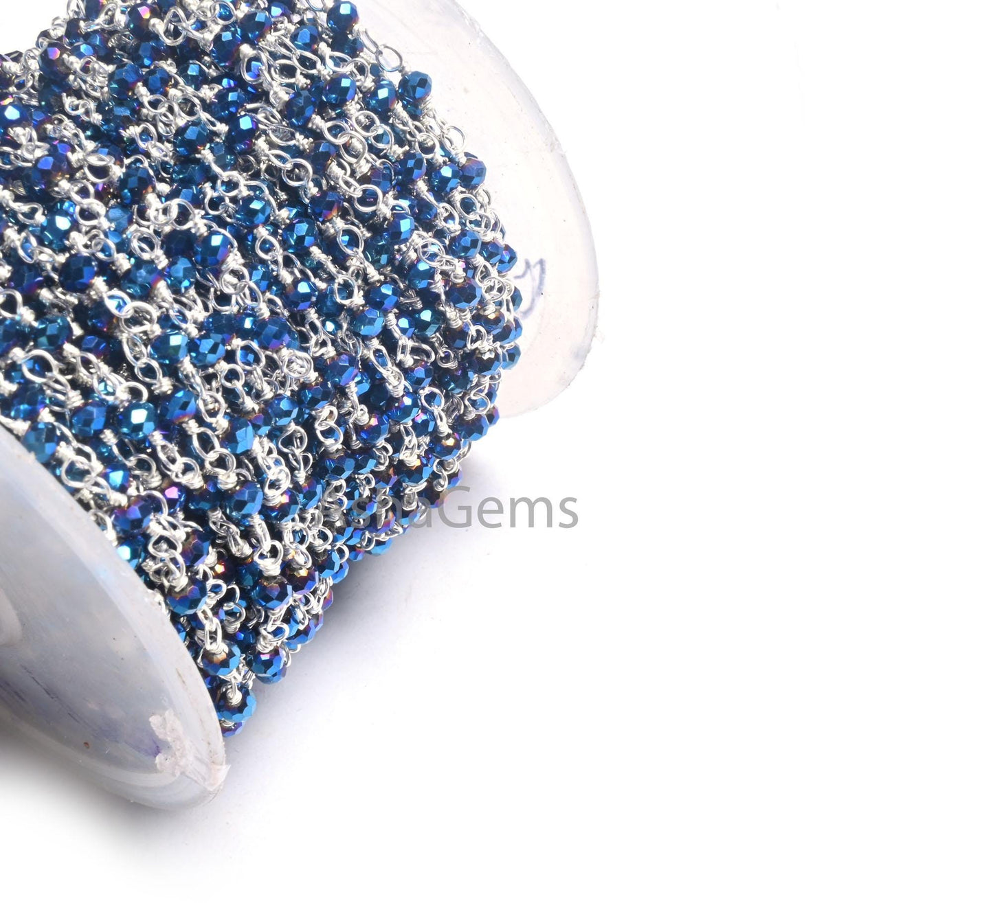 1,3,5,10,50 Feet,Blue Titanium Pyrite Hydro Faceted Rondelle Beaded Rosary Chain Silver Plated Wire,Jewelry Making Finding,Wire Chain 3.50mm