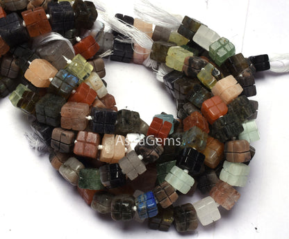 Multi Color Gemstone Carving box Shape beads,9" Strand Mix Color Stone carved 3D Cube beads Disco Beads, Multi Disco carve Bead Jewelry SALE