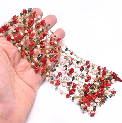 Beautiful Pearl Hydro, Red Stone, Emerald Uncut Chip Beads Rosary Chain, Gold, Silver Plated Multi Color Beaded Chains Jewelry Making Crafts