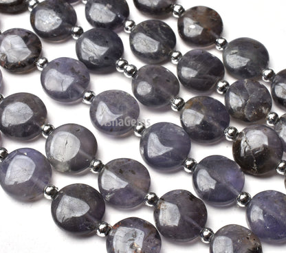 11mm Natural Iolite Gemstone Beads, Blue Iolite Smooth Coin Shape Gemstone Beads, Blue Iolite Plain Handmade Beads, For Jewelry Craft Sale