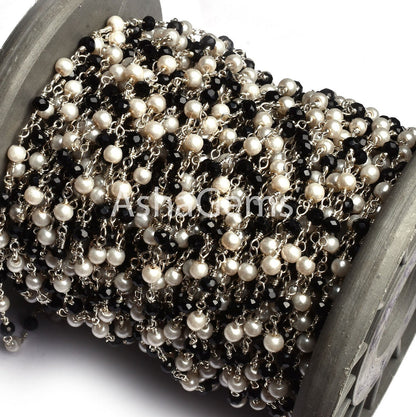 3,5,10,25,50 Feet Pearl Black Onyx Hydro Beads Rosary Chain Silver Plated Chain Faceted Rondelle Beads Rosary Chain Jewelry Making Chain DIY