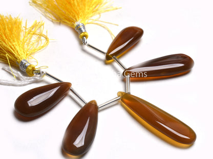 Chalcedony Smoot Fancy Long Pears Shape Gemstone Beads, Shaded Dark Brown Chalcedony Handmade Teardrop Side Drill Beads Jewelry Making SALE