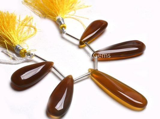 Chalcedony Smoot Fancy Long Pears Shape Gemstone Beads, Shaded Dark Brown Chalcedony Handmade Teardrop Side Drill Beads Jewelry Making SALE