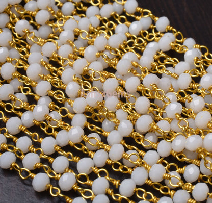 Beautiful White Agate Hydro Rondelle Faceted Beads Rosary Chain,3-3.5 mm Gold Plated Wire Wrap Beaded handmade Chain Rosary Jewelry Necklace