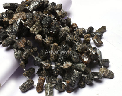 15"Strand Beautiful Tourmaline Rough Gemstone Beads, Natural Black Tourmaline Long Rough Side Drill Bead Tourmaline Raw Beads Jewelry Craft