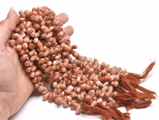 Natural Sunstone Smooth Drop Shape Gemstone Beads,13" Red Sunstone Plain Handmade Uneven Teardrop Bead Sunstone Bead Handicraft Jewelry SALE
