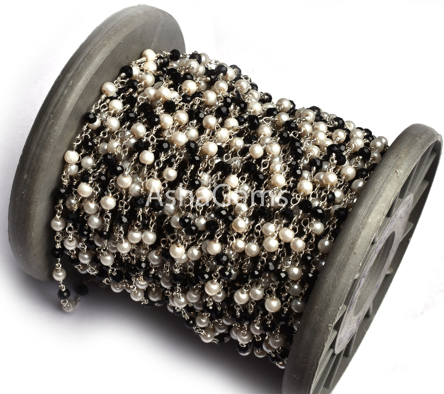 3,5,10,25,50 Feet Pearl Black Onyx Hydro Beads Rosary Chain Silver Plated Chain Faceted Rondelle Beads Rosary Chain Jewelry Making Chain DIY