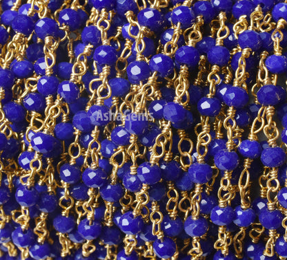 3,5,10,25 Feet Blue Lapis Hydro Rondelle Faceted Beads Rosary Chain Gold Plated Wire Wrap Jewelry Making Chain,3-3.5 mm Beaded Rosary Chains