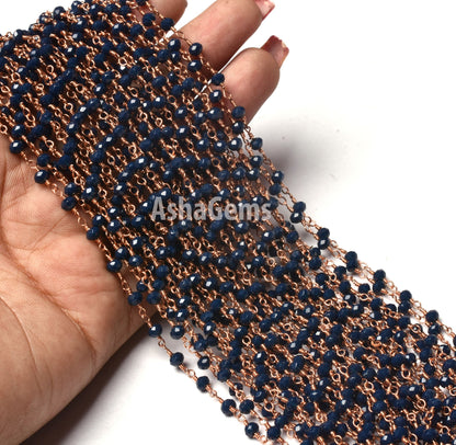1,3,5,10,25 Feet Blue Sapphire Hydro Faceted Rondelle Beaded Rosary Chain,Rose Gold Metal Wire,Jewelry Making Finding,Chain 3-3.5mm SALE