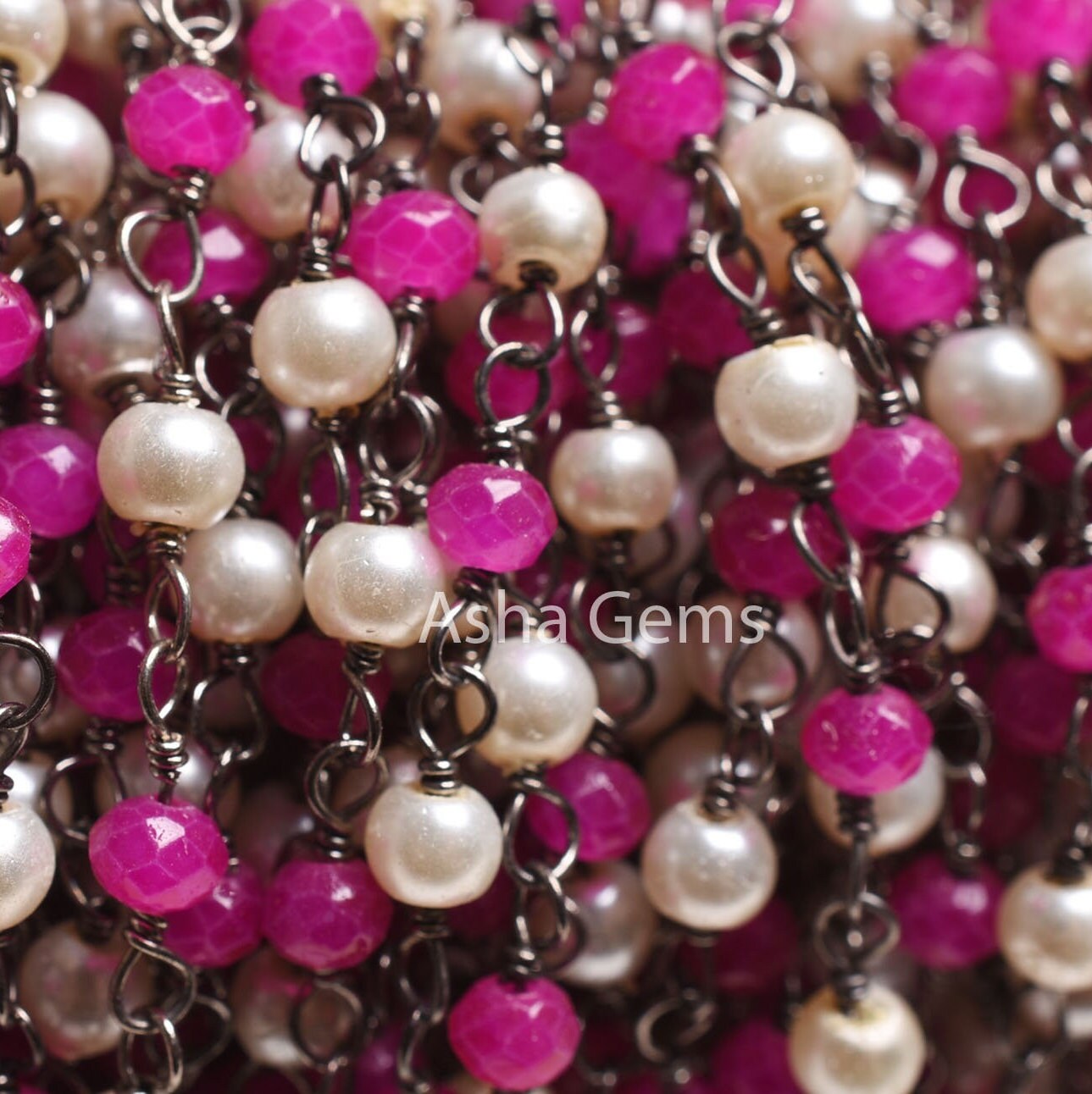 Beautiful Pearl Pink Chalcedony Hydro Beads Rosary Chain, Black Plated Wire Wrap Faceted Rondelle Beaded Chain handmade Jewelry making Craft