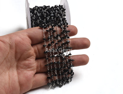 1,3,5,25 Foot, Natural Black Tourmaline uncut Chip Beads Rosary Chain Silver Plated wire Bulk Roll Tourmaline Beaded Rosary Chain For Crafts