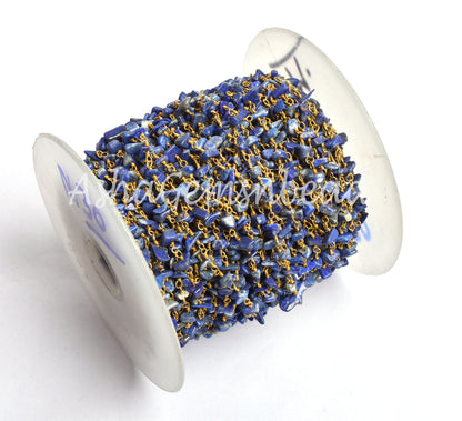 Natural Blue Lapis Uncut Chip Beads Rosary Chain Gold Plated Wire Wrap Lapis Rough Beaded Handmade Chains For Necklace Making Jewelry Crafts