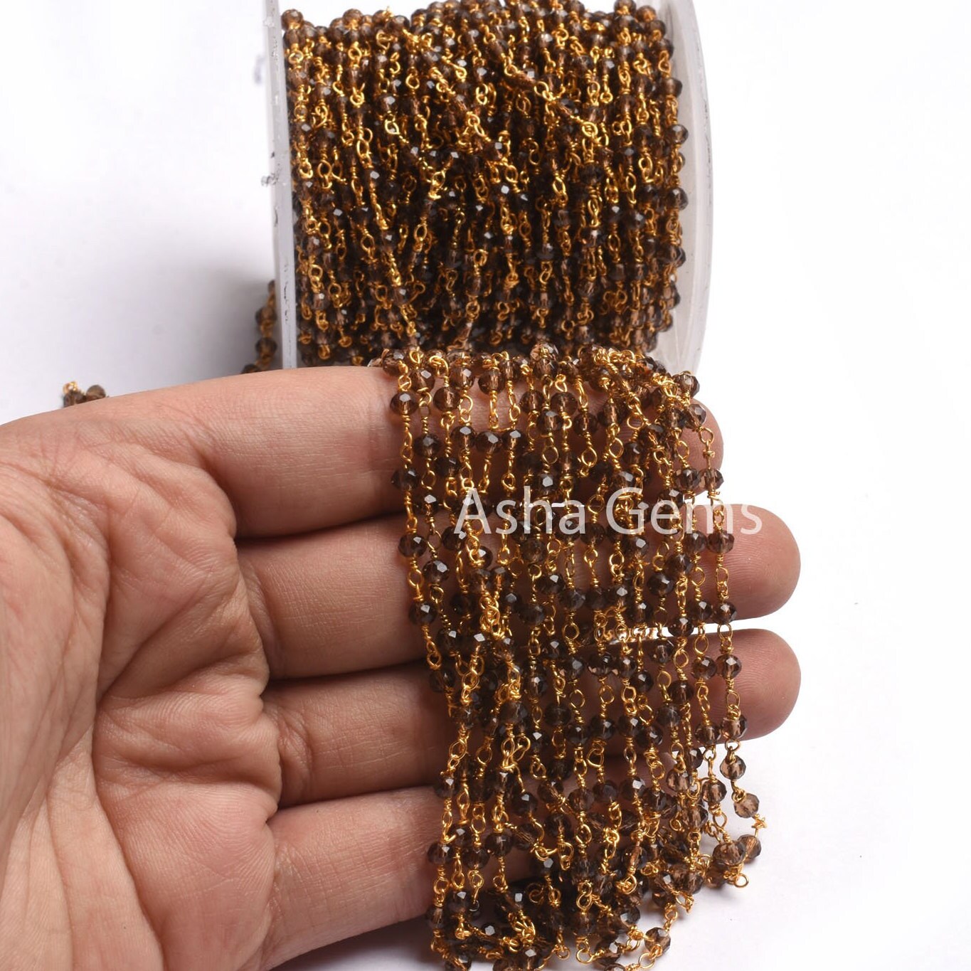 Beautiful Smoky Quartz Hydro faceted Beads Rosary Chain, Rosary Micro Cut Beaded Chain Gold Plated Wire Bulk Roll Jewelry Making Chains SALE