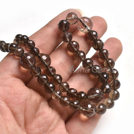 Beautiful Smoky Quartz Micro Faceted Round Gemstone Beads,14"Strand AAA Smoky Beads, Natural Smoky Machine Cut Round Shape Bead Jewelry SALE
