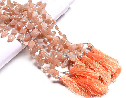 AAA Quality Peach Moonstone Leaf Shape Carving Beads,Natural Moonstone Fancy Carved Pear Briolette Side Drill Gemstone Handmade Bead Jewelry
