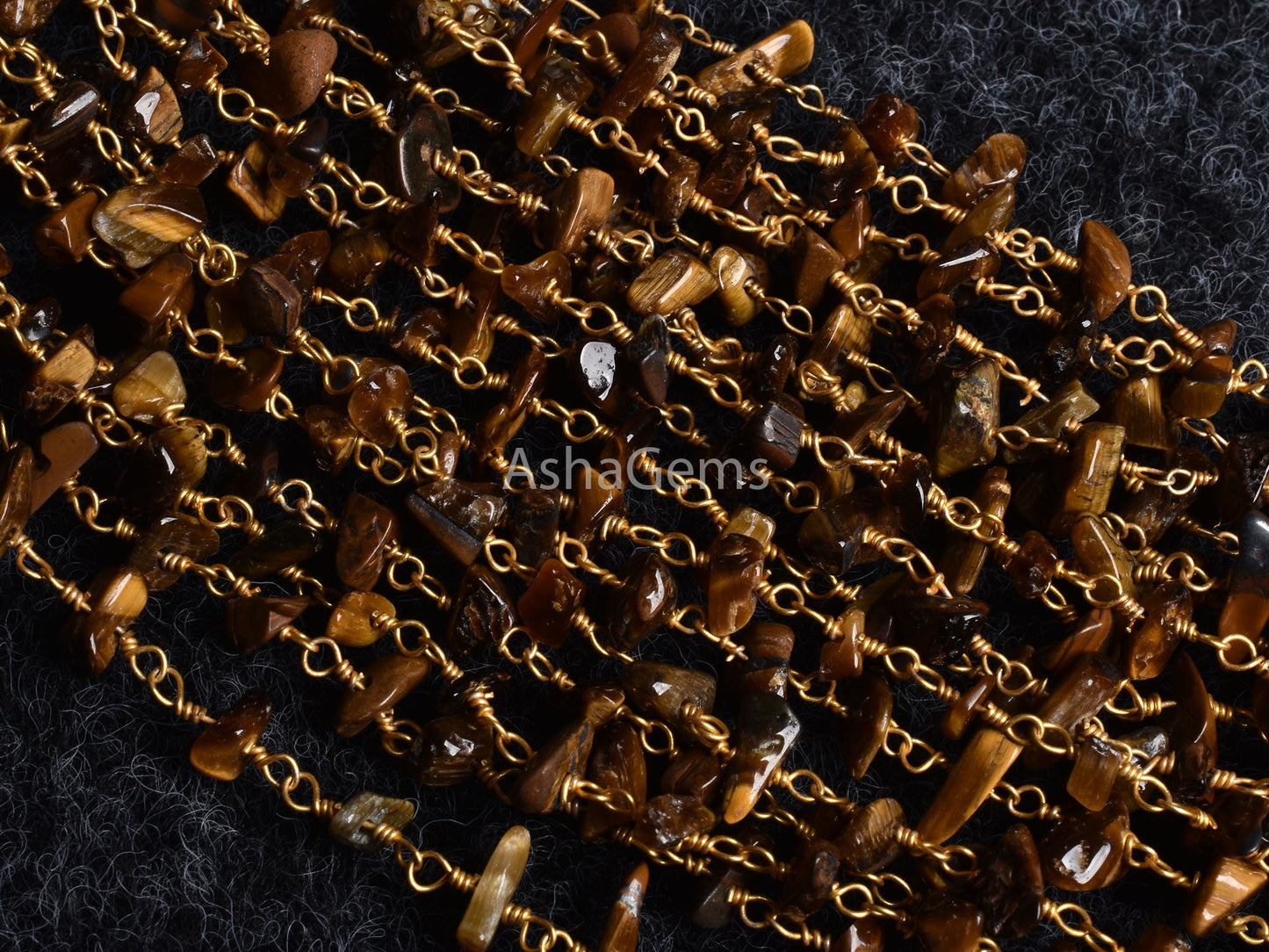 Natural Tiger Eye Uncut Chip Beads Rosary Chain Gold Plated Wire Wrap Handmade Chip Beaded Gemstone Nugget Chain for Jewelry Making Necklace