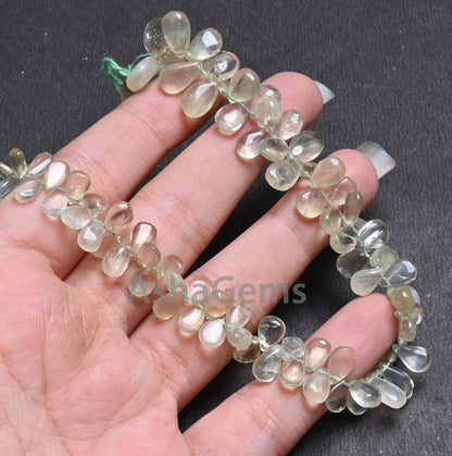 Beautiful Prehnite Smooth Pears Shape Gemstone Beads,9" Strand Natural Light Green Prehnite Teardrop handmade Side Drill Beads Jewelry Craft
