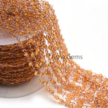 Beautiful Brown Quartz Hydro Faceted Rondelle Beads Rosary Chain By Feet,3mm Rose Gold Plated Copper Wire Wrap handmade Chain Jewelry making