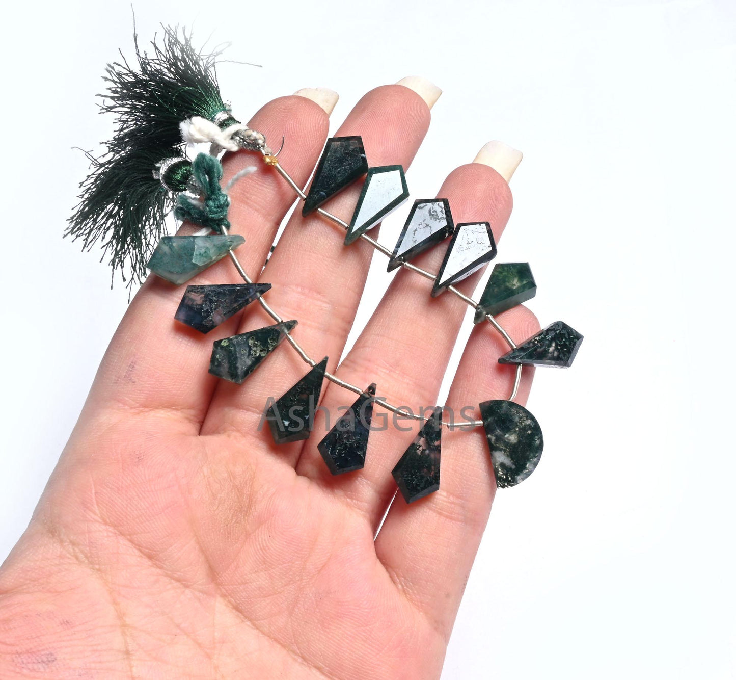 Natural Moss Green Agate fancy Long + 1 Piece D Shape faceted Beads, Rare Moss Agate Fancy Briolette Side Drill Gemstone Agate Beads Jewelry(AG 18610)