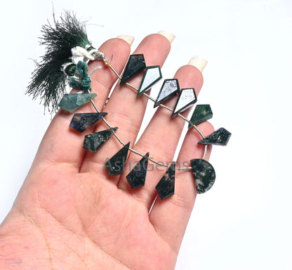 Natural Moss Green Agate fancy Long + 1 Piece D Shape faceted Beads, Rare Moss Agate Fancy Briolette Side Drill Gemstone Agate Beads Jewelry(AG 18610)