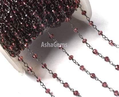 SALE 3,5,10,25 Ft Rhodolite Garnet Hydro Faceted Rondelle Beaded Rosary Chain Black Plated Wire,Jewelry Making Finding, Chain 3-3.5mm