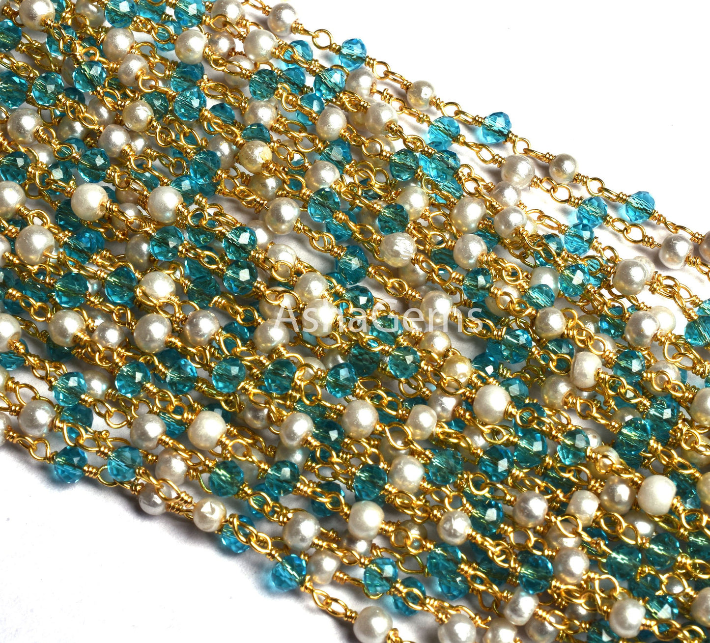 Beautiful White Pearl, Blue Topaz Hydro Beads Rosary Chain Gold Plated Wire Wrap Rondelle Beaded Chain 3 mm Jewelry Making handicraft Chain