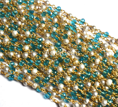 Beautiful White Pearl, Blue Topaz Hydro Beads Rosary Chain Gold Plated Wire Wrap Rondelle Beaded Chain 3 mm Jewelry Making handicraft Chain