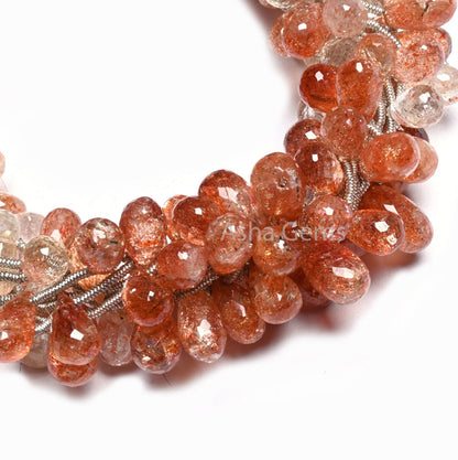 AAA Quality Natural Sunstone Faceted Drop Shape Beads, Shaded Red Orange Sunstone Teardrop Briolette Side Drill Sunstone Bead Jewelry Crafts