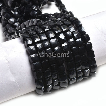 Fine Quality Black Onyx Faceted Cube Shape Gemstone Beads,8" Black Onyx 3D Cube Box Indian Cut Beads Onyx Center Drill Box Bead Jewelry SALE