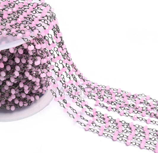 Rosary Chain black Plated Wire 3,5,10,50 Feet Pink Rose Quartz Hydro Faceted Rondelle Beaded Chain Jewelry Making Bulk Roll Wire Chain SALE