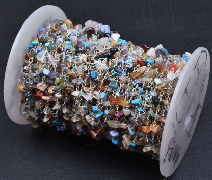 Natural Multi Disco Uncut Chips Rosary Chain silver Plated Wire Bulk Roll, multi Color Gemstone Beads Chain Beaded Rosary Chain By Foot SALE