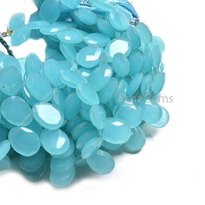AAA Quality Aqua Blue Chalcedony Hydro Egg Shape Faceted  Beads,10-13.5 mm Chalcedony Hydro Fancy Briolette Side Drill Gemstone Bead Jewelry