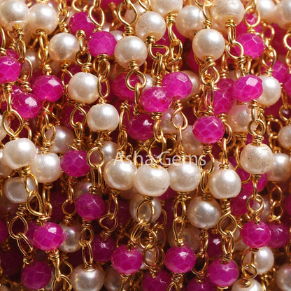 White Pearl Pink Chalcedony Hydro Beads Rosary Chain, Faceted Rondelle Beads 1,10,25 Feet Gold Plated Wire Roll Jewelry Making Finding Chain