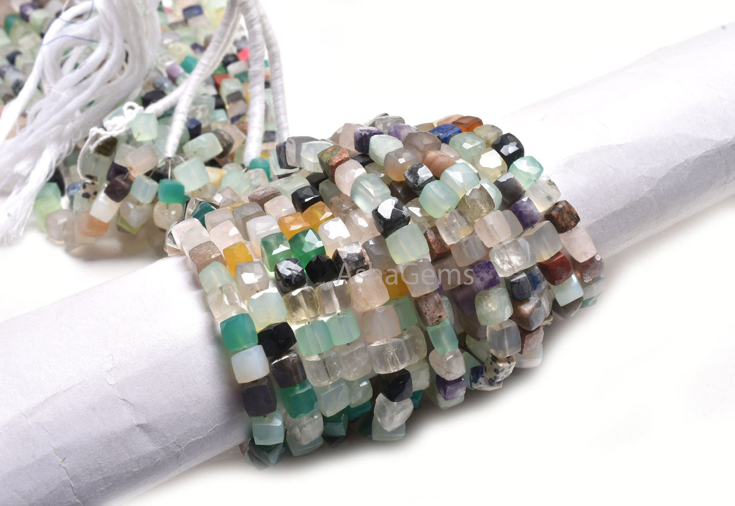 Beautiful Multi Color Stone Faceted Box Shape Beads,8" Mix Gemstone 3D Cube Box Indian Cut Beads Disco Box Center Drill Jewelry Making Craft