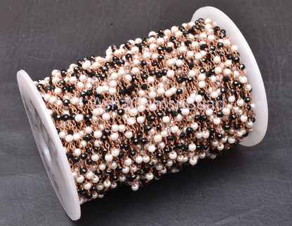AAA Black Spinel Hydro Pearl Beads Rosary Chain By Feet, Copper Plated Wire Bulk Roll Bead Handmade Chain Rose Gold Wire Jewelry Craft SALE