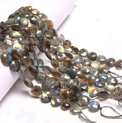 Beautiful Labradorite Faceted Coin Shape Gemstone Beads, natural Multi Flash Black rainbow Coin Briolette T- Drill labradorite Beads Jewelry