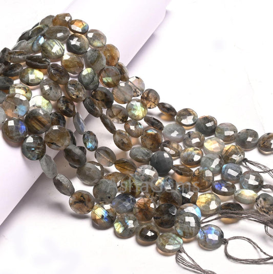 Beautiful Labradorite Faceted Coin Shape Gemstone Beads, natural Multi Flash Black rainbow Coin Briolette T- Drill labradorite Beads Jewelry