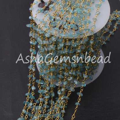 1,5,25,50 Feet Bulk Chain, Natural Apatite Uncut Beads Rosary Chain, Sky Blue Apatite Gemstone Beaded Chain, Gold Chain Wholesale Chip Chain