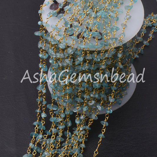 1,5,25,50 Feet Bulk Chain, Natural Apatite Uncut Beads Rosary Chain, Sky Blue Apatite Gemstone Beaded Chain, Gold Chain Wholesale Chip Chain