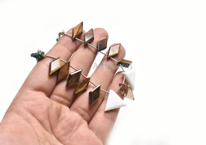 Natural Tiger Eye Fancy Rhombus+ 2 Piece White Agate Trillion Shape Faceted Beads, Multi Color Side Drill Fancy Gemstone Loose Beads Jewelry
