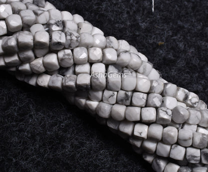 Beautiful Howlite Faceted 3D Cube Box Shape Beads,4 mm,6/13 Inch Strand, White Howlite Faceted Cube Beads,3D Box Beads, Jewelry Making Craft